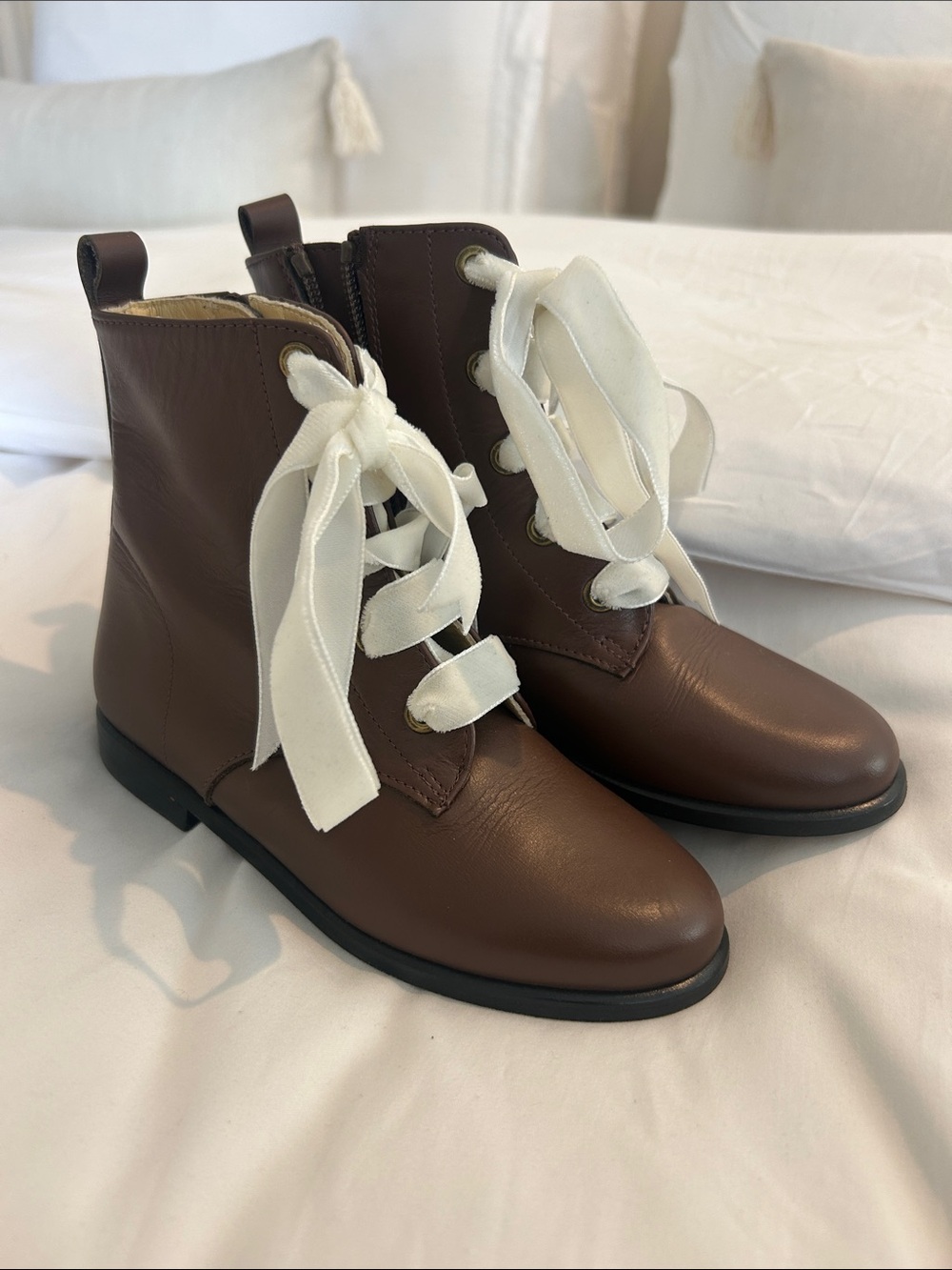 Kids Brown Lace-Up Ankle Boots with White Ribbon Laces